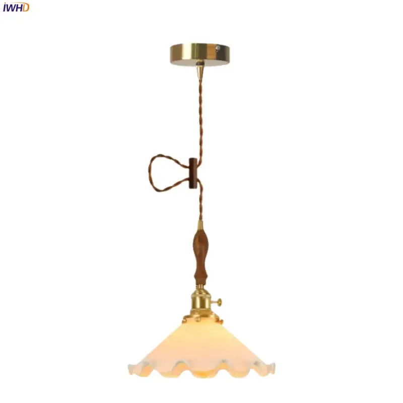 Vintage scalloped cream glass led pendant light with brass metal frame and wooden handle grip for kitchen dining room decorbites