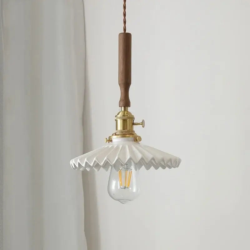 Vintage scalloped glass pendant light fixture with walnut wood handle and brass hardware for dining room lighting
