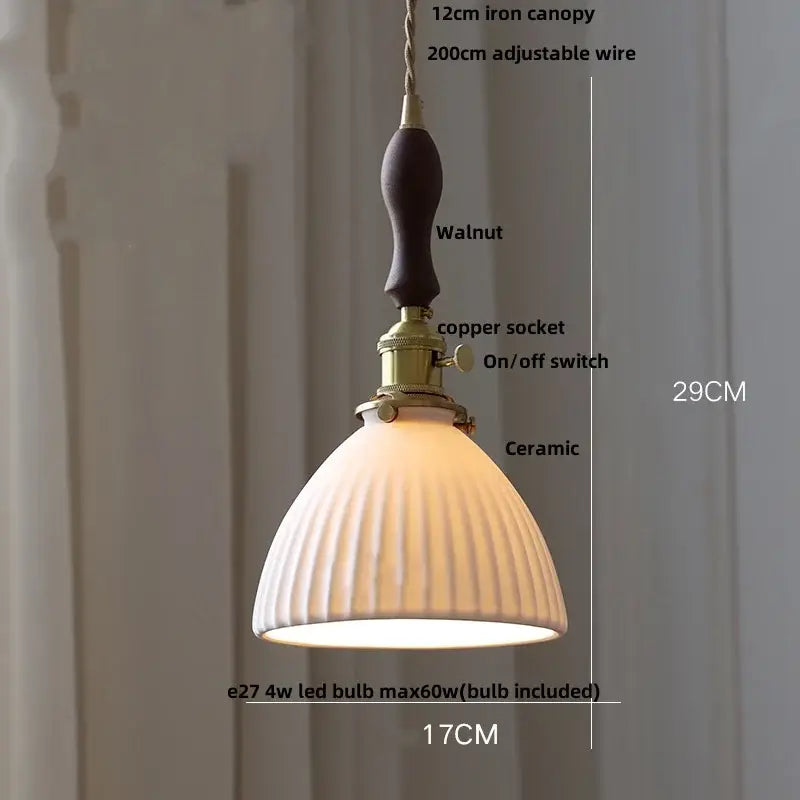 Vintage pendant light fixture with ribbed ceramic shade brass copper socket and walnut wood canopy for dining room