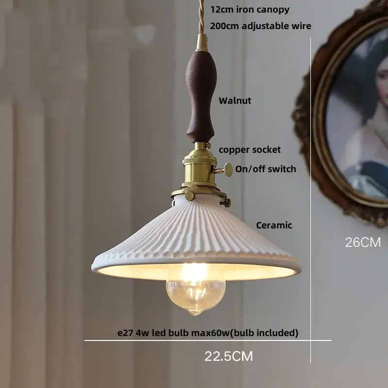 Vintage scalloped white ceramic pendant light with fluted design walnut wood canopy and brass copper socket for dining room