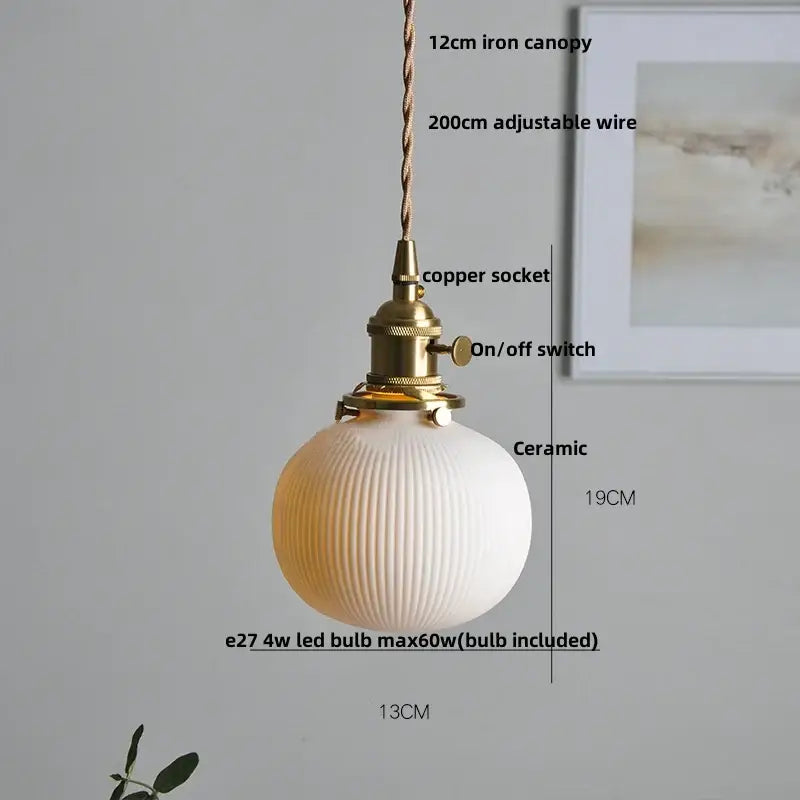 Vintage scalloped glass pendant light fixture with white ribbed ceramic globe and walnut wood for dining room