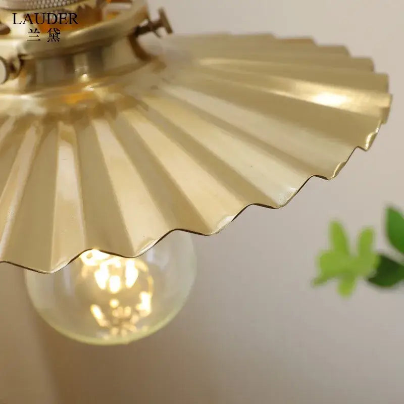 Gold-toned brass fan-shaped pendant lights with warm bulb for decorbites copper walnut led dining room decor