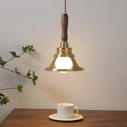 A warm brass vintage scalloped glass copper walnut led pendant light with wooden handle above a white cup