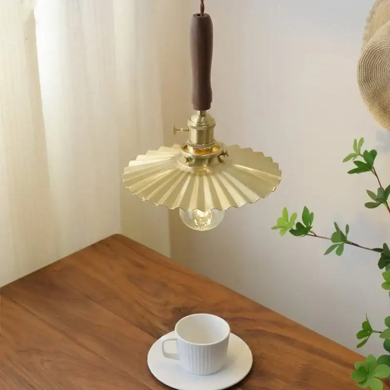 Brass pendant lights with dark wood handle and fluted shade for dining room decorbites copper walnut led lighting