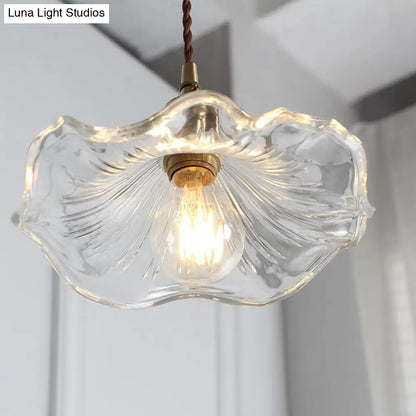 Vintage Scalloped Hanging Light Pendant with Textured Glass Shade - 1 Light, Polished Brass Finish