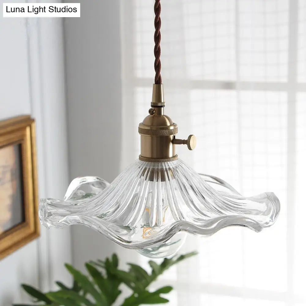 Vintage Scalloped Hanging Light Pendant with Textured Glass Shade - 1 Light, Polished Brass Finish