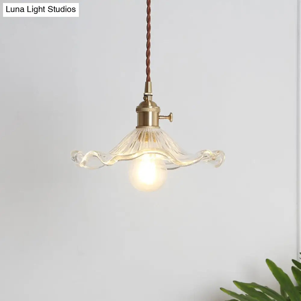 Vintage Scalloped Hanging Light Pendant with Textured Glass Shade - 1 Light, Polished Brass Finish