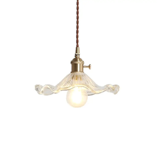 Vintage Scalloped Hanging Light Pendant with Textured Glass Shade - 1 Light, Polished Brass Finish