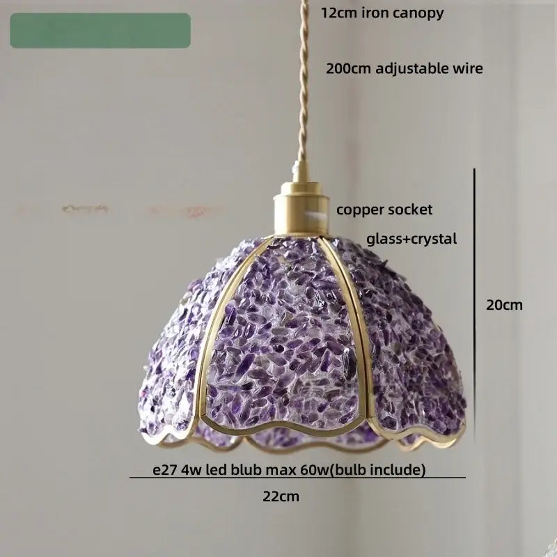 Purple glass and crystal pendant light with gold-toned metal frame in vintage seafoam green and copper walnut led decorbites copper walnut