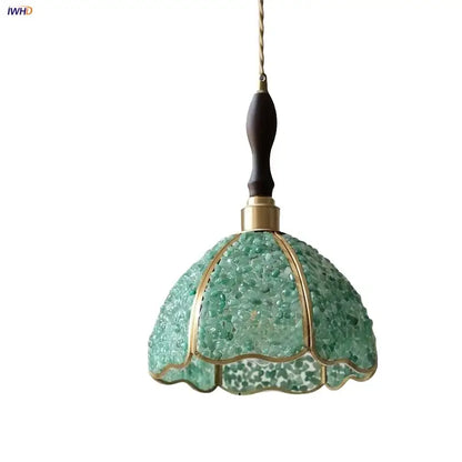 Vintage seafoam green glass pendant lamp with gold copper walnut led frame and dark wooden walnut led pendant handle