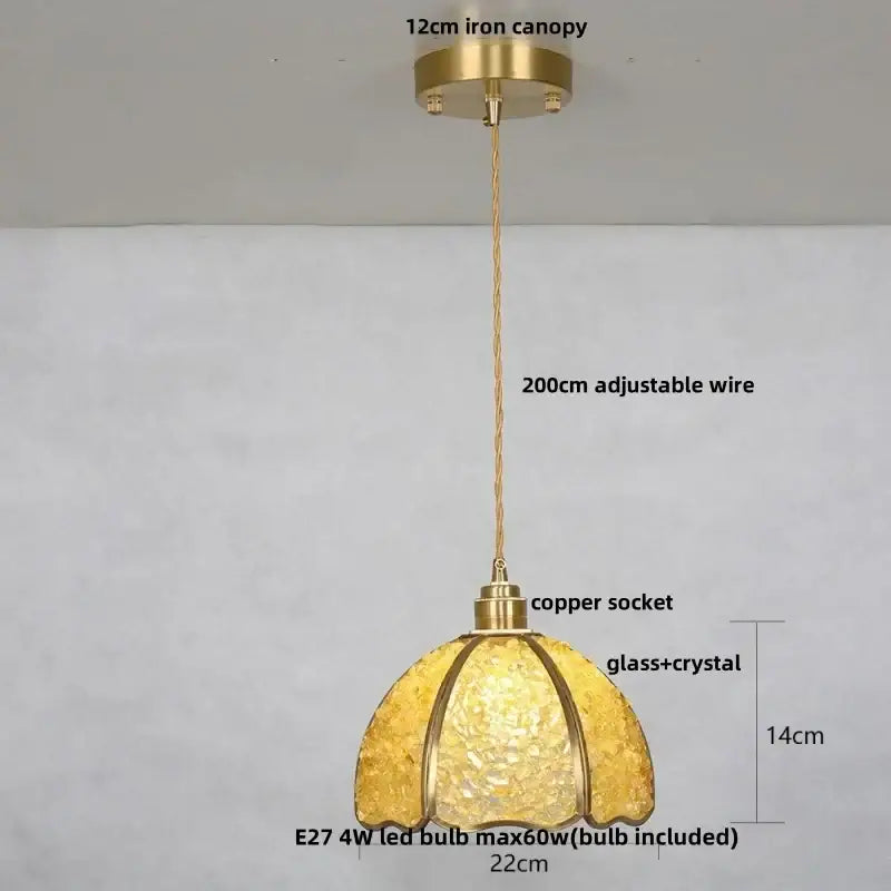 Golden brass pendant light with textured glass and crystal shade for dining room decorbites copper walnut led design