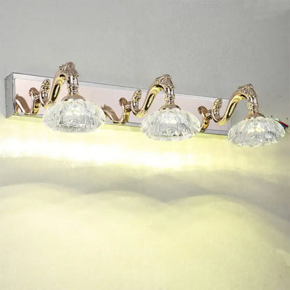 Gold-toned wall lamp with three curved arms and faceted crystal glass shades vintage silver crystal design 110v-120v