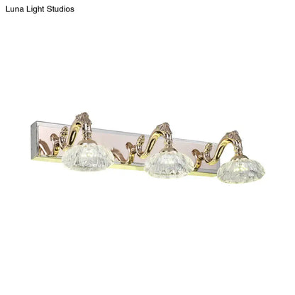 Gold finish vintage crystal wall lamp with three glass shades and ornate curved arms for 110v-120v use