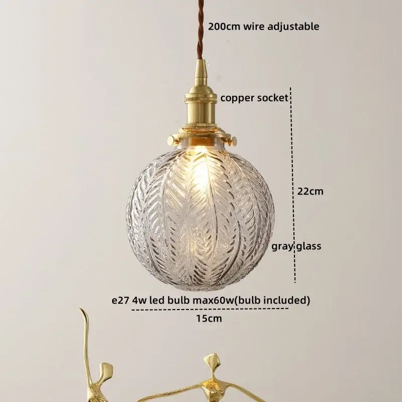 Vintage silver flower glass copper led hanging light with intricate leaf etchings and adjustable copper wire suspension