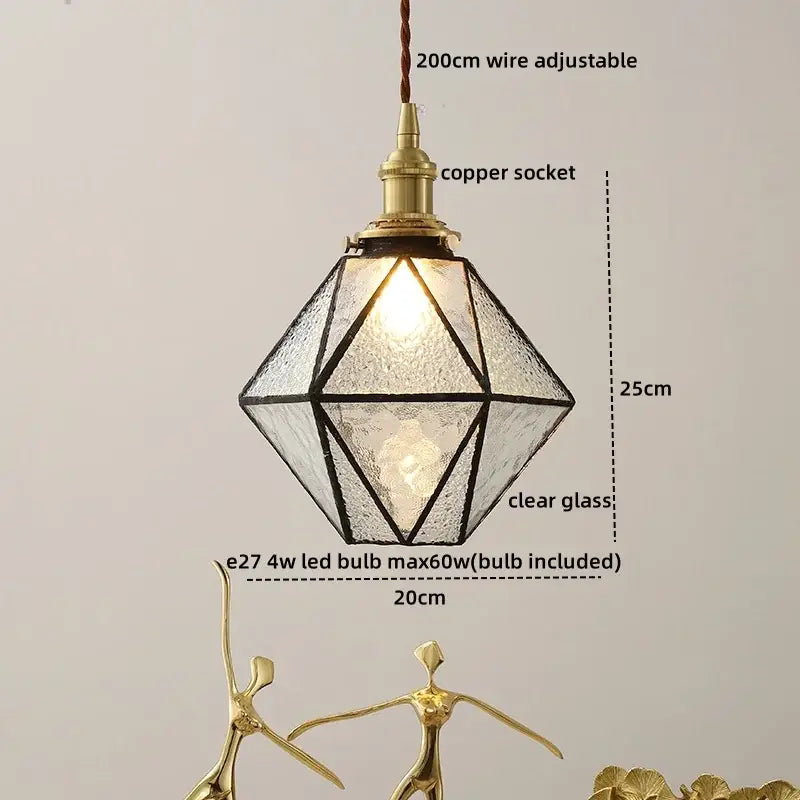 A geometric vintage silver flower glass copper led hanging light with faceted clear glass shade and brass accents