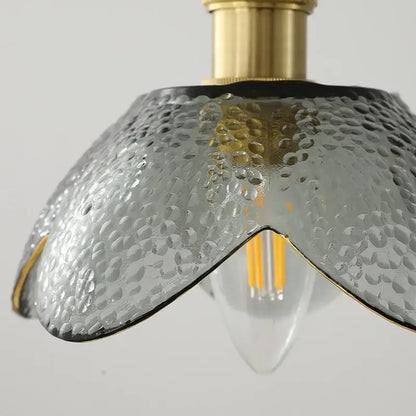 Vintage silver flower glass copper led hanging light with translucent gray hammered glass and brass fixture for bedroom
