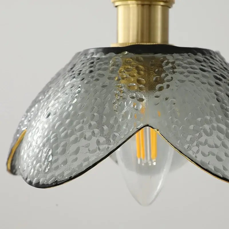 Vintage silver flower glass copper led hanging light with translucent gray hammered glass and brass fixture for bedroom