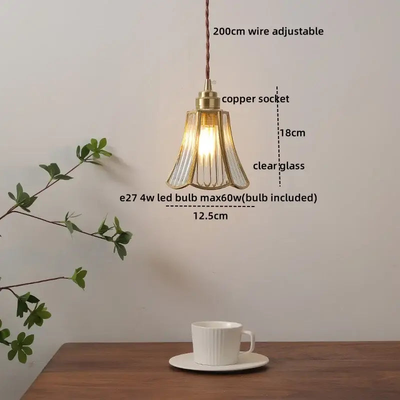Vintage silver flower glass copper led hanging light featuring brass-framed clear glass shade with e27 led bulb