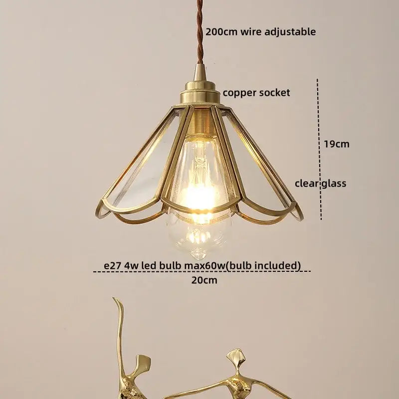 Vintage silver flower glass copper led hanging light with brass frame clear panels and visible led bulb for bedroom