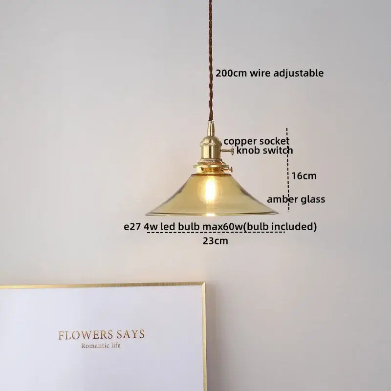 Vintage silver flower glass copper led hanging light with amber glass shade and copper led hanging socket for bedroom