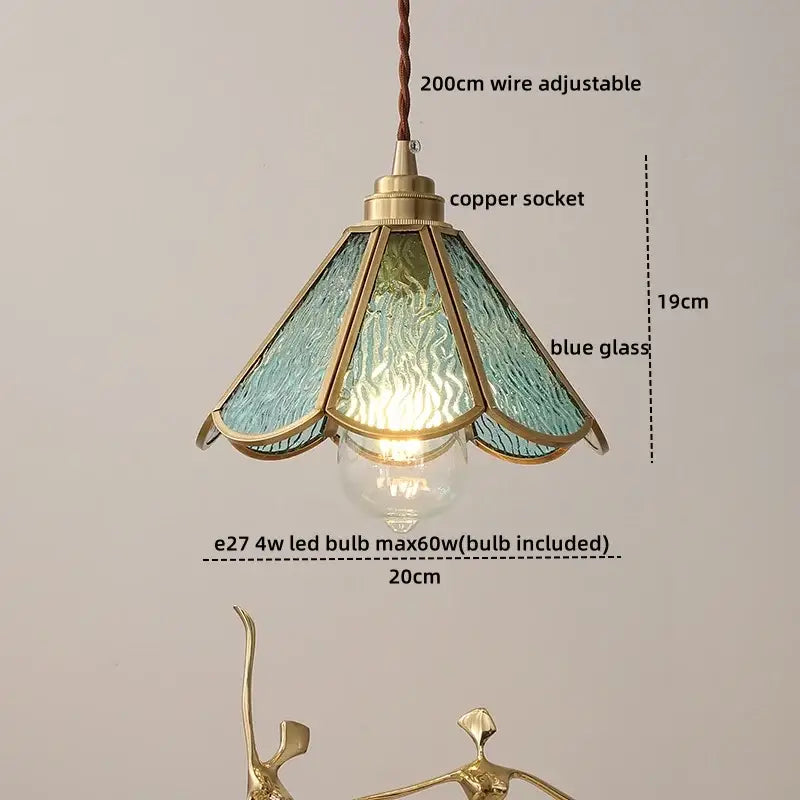 Vintage silver flower glass copper led hanging light with delicate blue glass pendant and adjustable 200cm wire