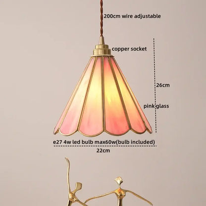 A delicate pink stained glass copper led hanging light with adjustable wire for vintage bedroom decor