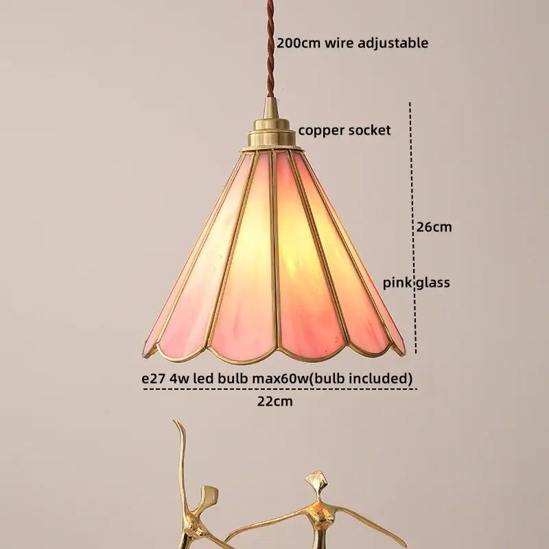 A delicate pink stained glass copper led hanging light with adjustable wire for vintage bedroom decor