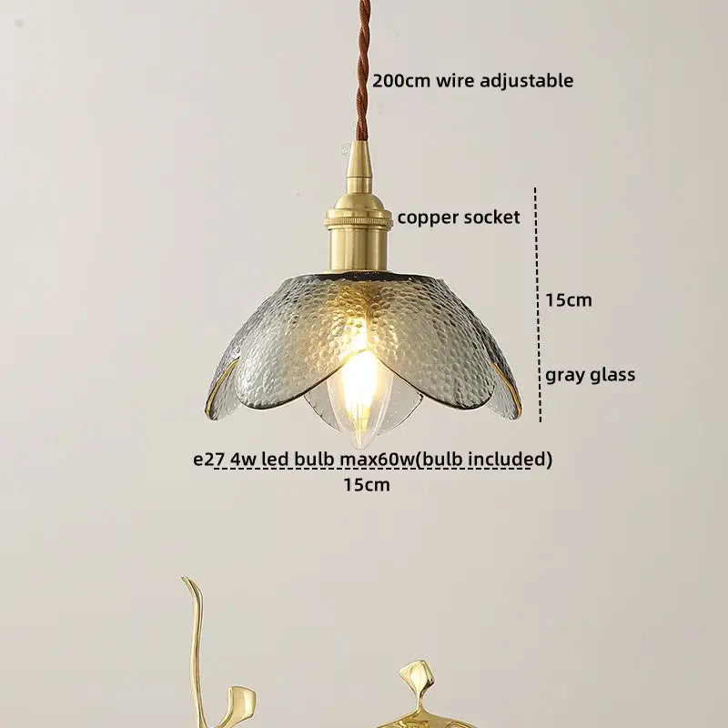 Vintage silver flower glass copper led hanging light with textured gray glass shade and brass copper socket for bedroom