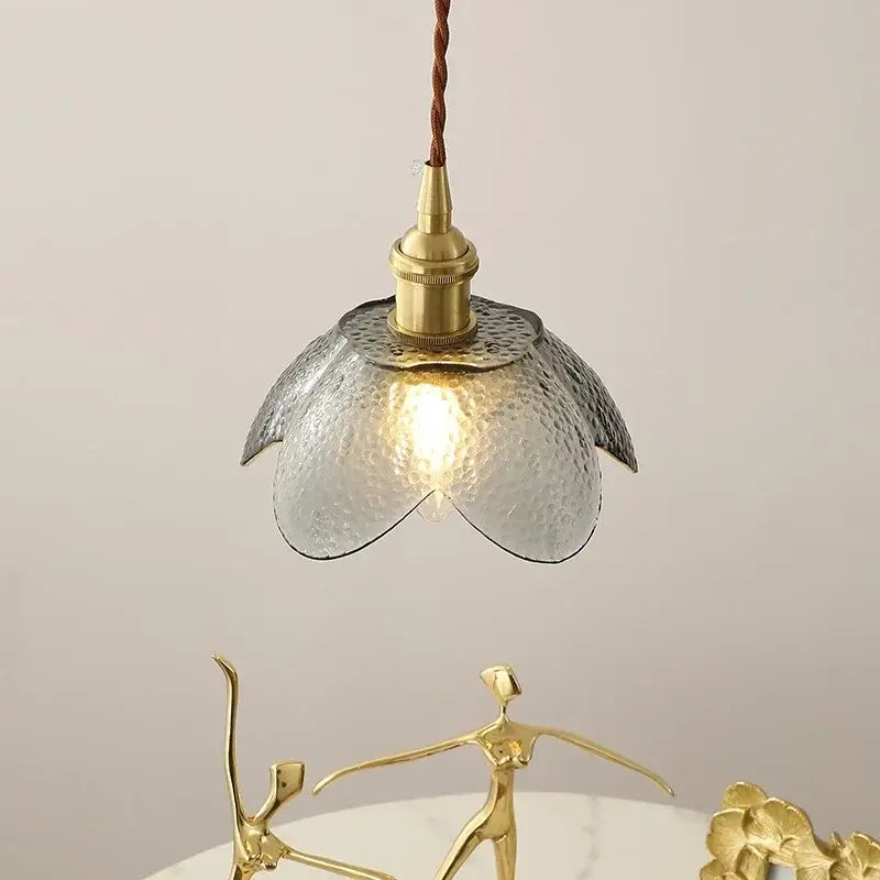 Vintage silver flower glass copper led hanging light with hammered translucent pendant and gold-toned accents for bedroom