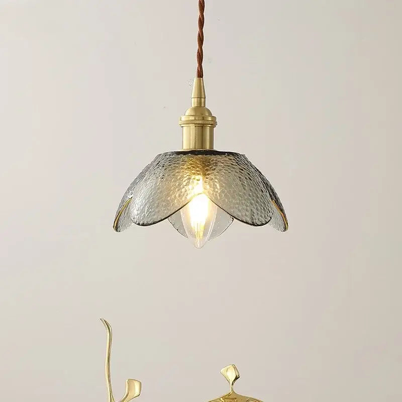 Vintage silver flower glass copper led hanging light with brass finish and gray textured translucent shade for bedroom