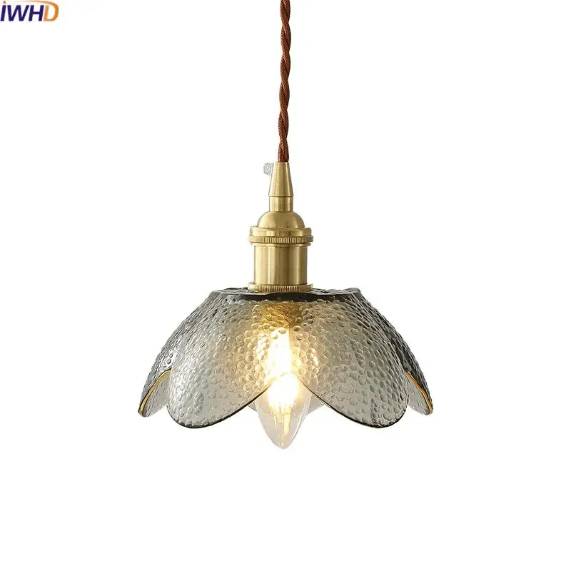 Vintage silver flower glass copper led hanging light with hammered shade and brass hardware for bedroom use