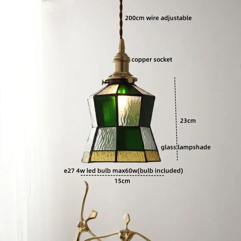 Vintage silver flower glass copper led hanging light featuring a green and gold stained glass copper led hanging lamp