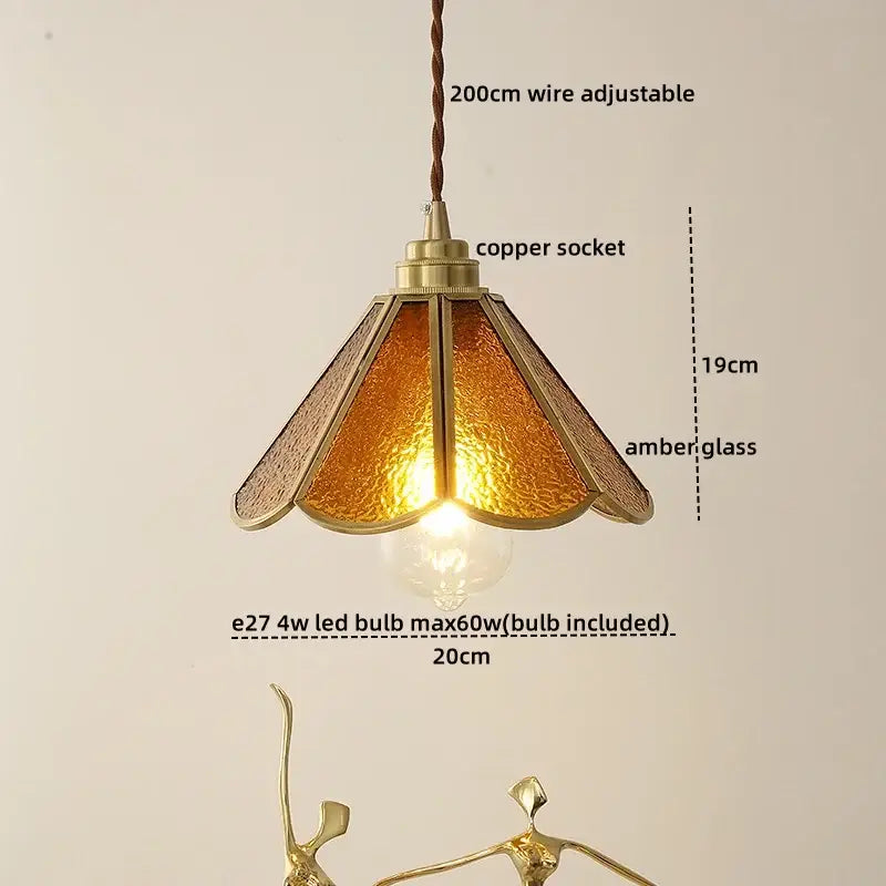 Vintage silver flower glass copper led hanging light with warm amber glass pendant and adjustable 200cm wire