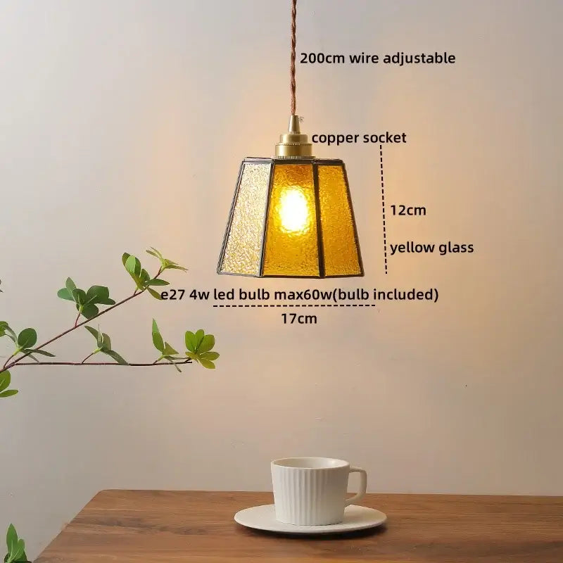 Vintage silver flower glass copper led hanging light featuring a warm amber textured yellow glass copper led shade