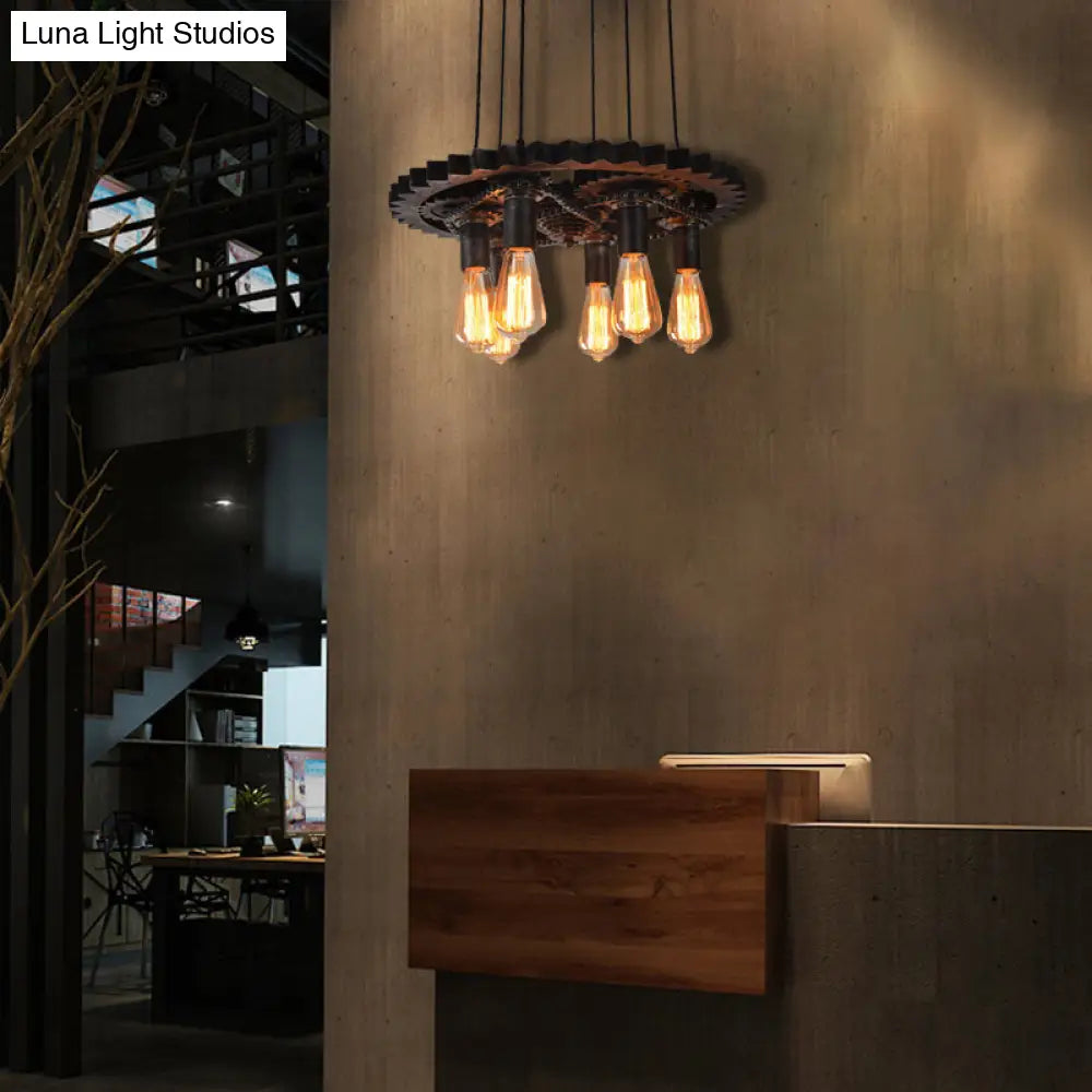 Vintage Silver Gray Gear 6-Head Metallic Chandelier Pendant Ceiling Light for Restaurants