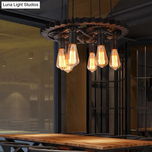 Vintage Silver Gray Gear 6-Head Metallic Chandelier Pendant Ceiling Light for Restaurants