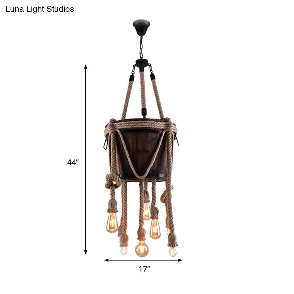 Vintage Six-light Wooden Chandeliers with Hemp Rope - Perfect for Balcony!