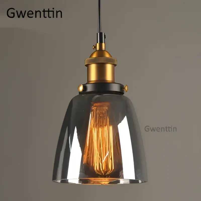 Vintage smoked glass and brass industrial glass pendant light with exposed filament bulb for kitchen decorbites pendant light