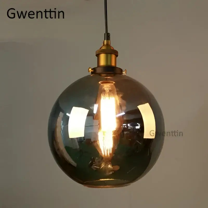 Vintage smoked glass and brass industrial glass pendant light with exposed filament bulb for kitchen decorbites pendant light