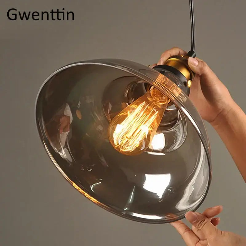 Vintage smoked glass and brass industrial pendant light with exposed filament bulb for kitchen decorbites industrial glass set