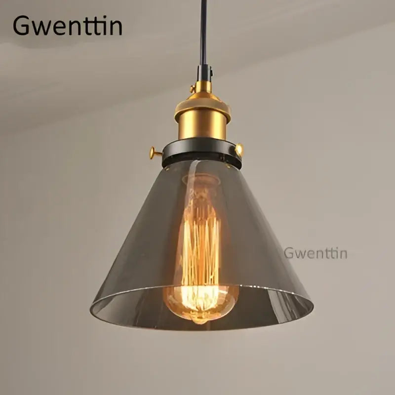 Vintage smoked glass and brass industrial pendant light with dark gray shade and exposed filament bulb for kitchen decorbites industrial glass pendant