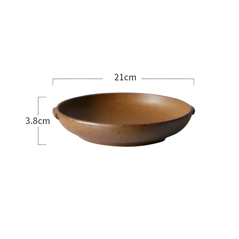 Vintage speckled brown ceramic round swallow plate with two handles for decorbites ceramic round dining room use