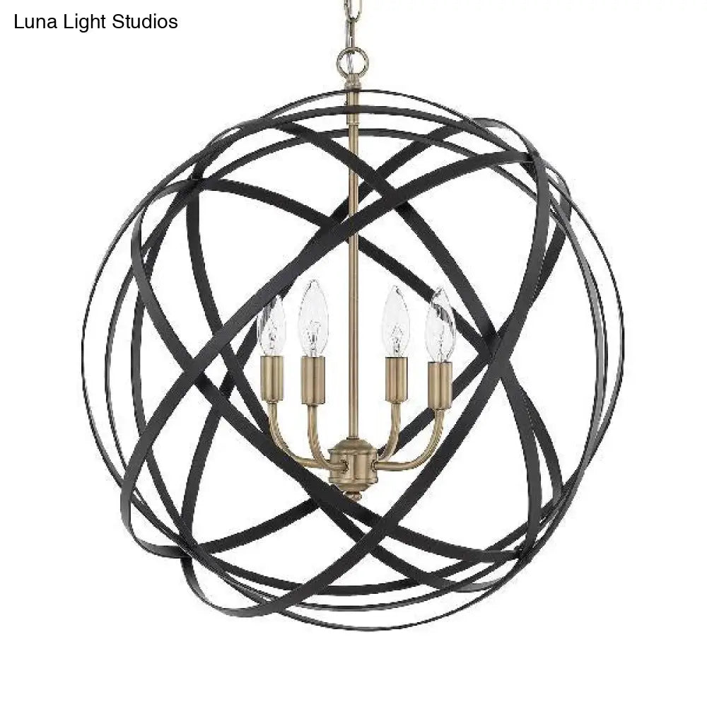Vintage Spherical Cage Chandelier - Stylish 4-Light Metallic Hanging Lamp, Black Finish for Farmhouse