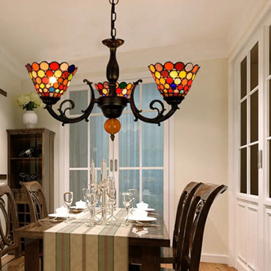 Vintage Stained Glass Bell Suspension Light: Colorful 3-Light Chandelier for Dining Room