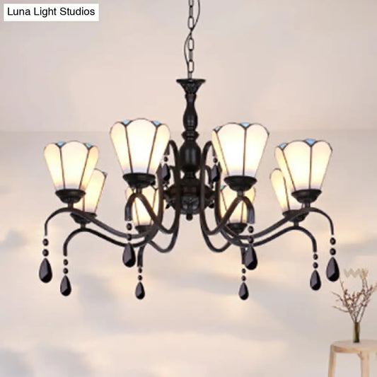 Vintage Stained Glass Ceiling Light - Scalloped Edges, Crystal Accents, 8 Lights, Bedroom Lighting-Fixture (White)