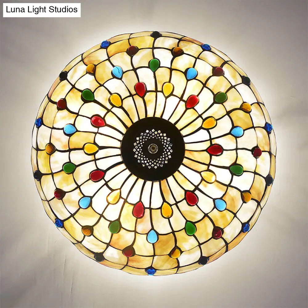 Vintage Stained Glass Ceiling Light with 4 Jewel Heads in Beige