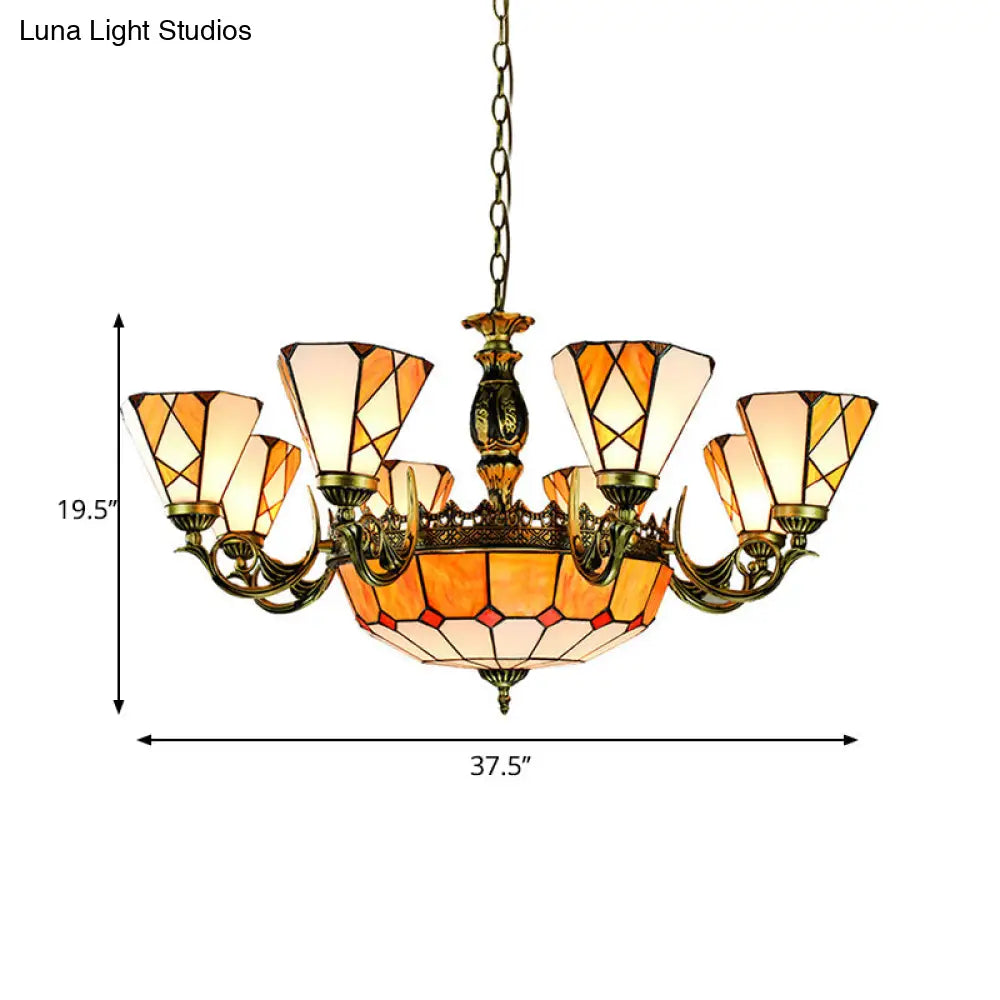 Vintage Stained Glass Chandelier with 11 Yellow Pendant Lights