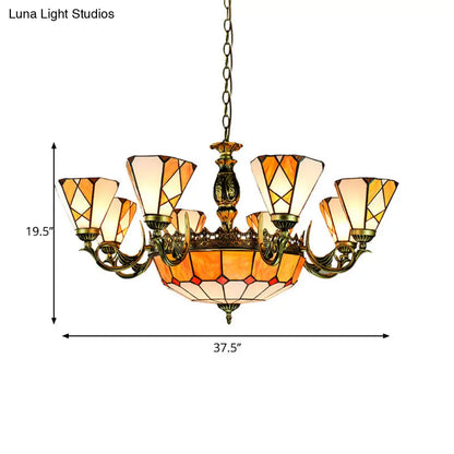 Vintage Stained Glass Chandelier with 11 Yellow Pendant Lights