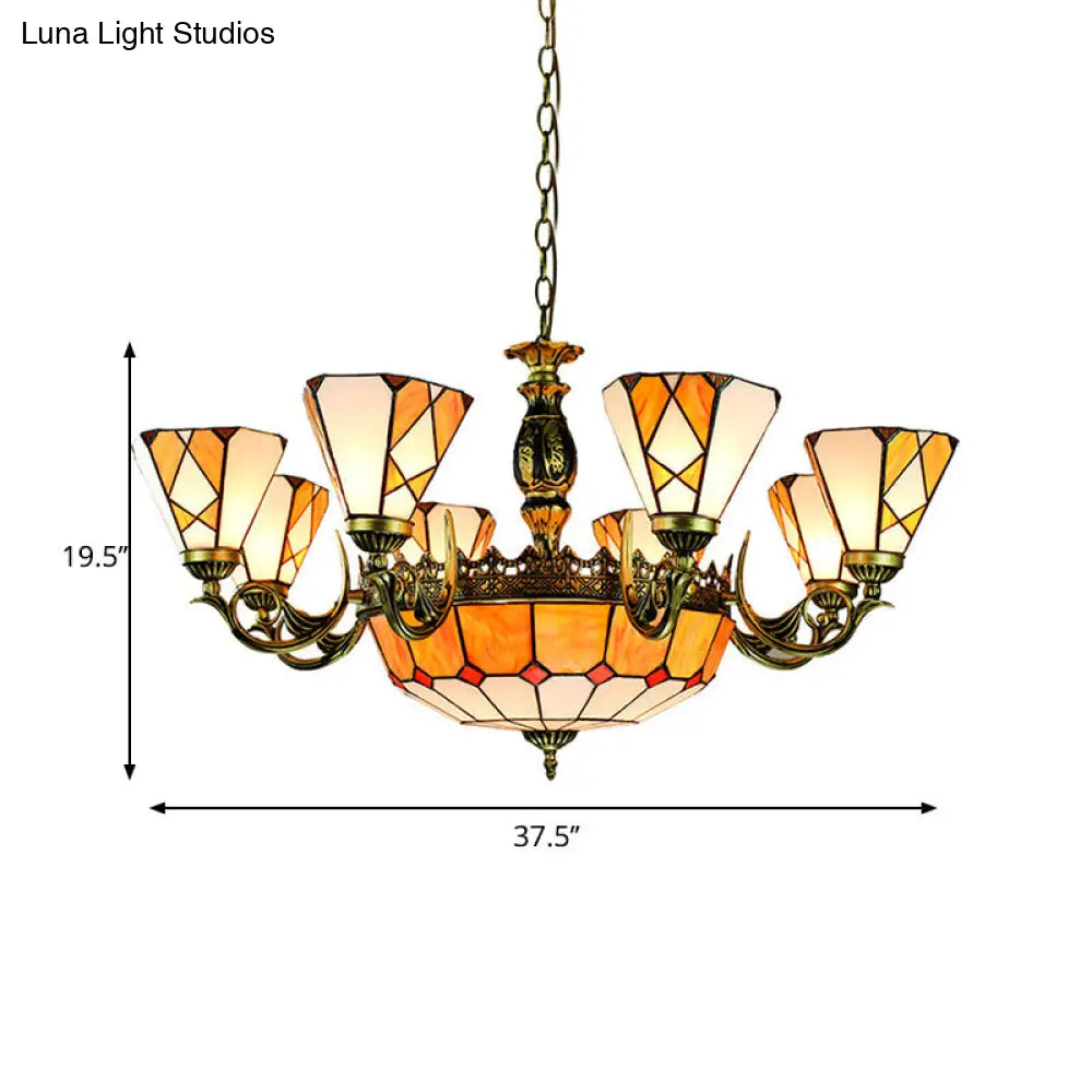 Vintage Stained Glass Chandelier with 11 Yellow Pendant Lights
