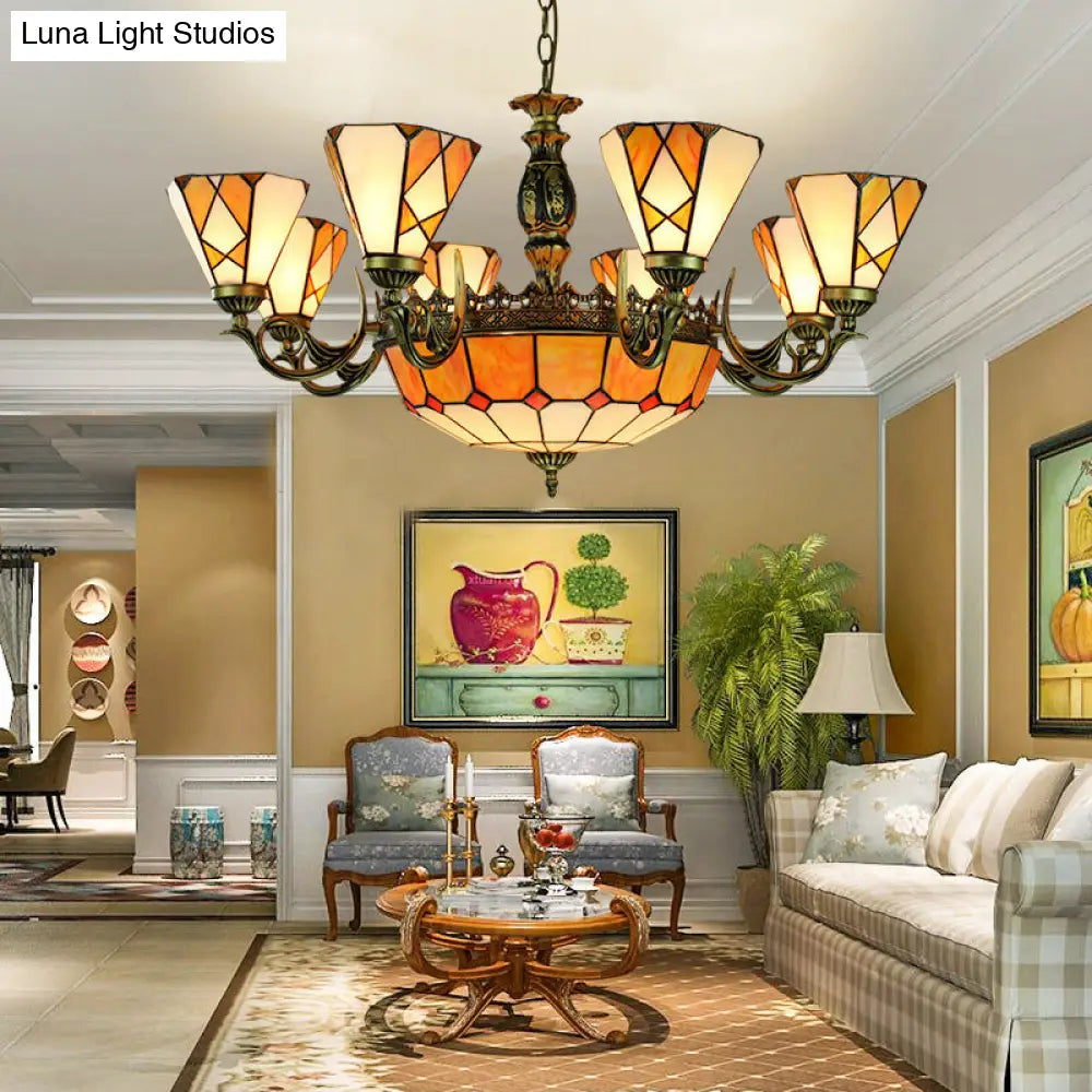 Vintage Stained Glass Chandelier with 11 Yellow Pendant Lights